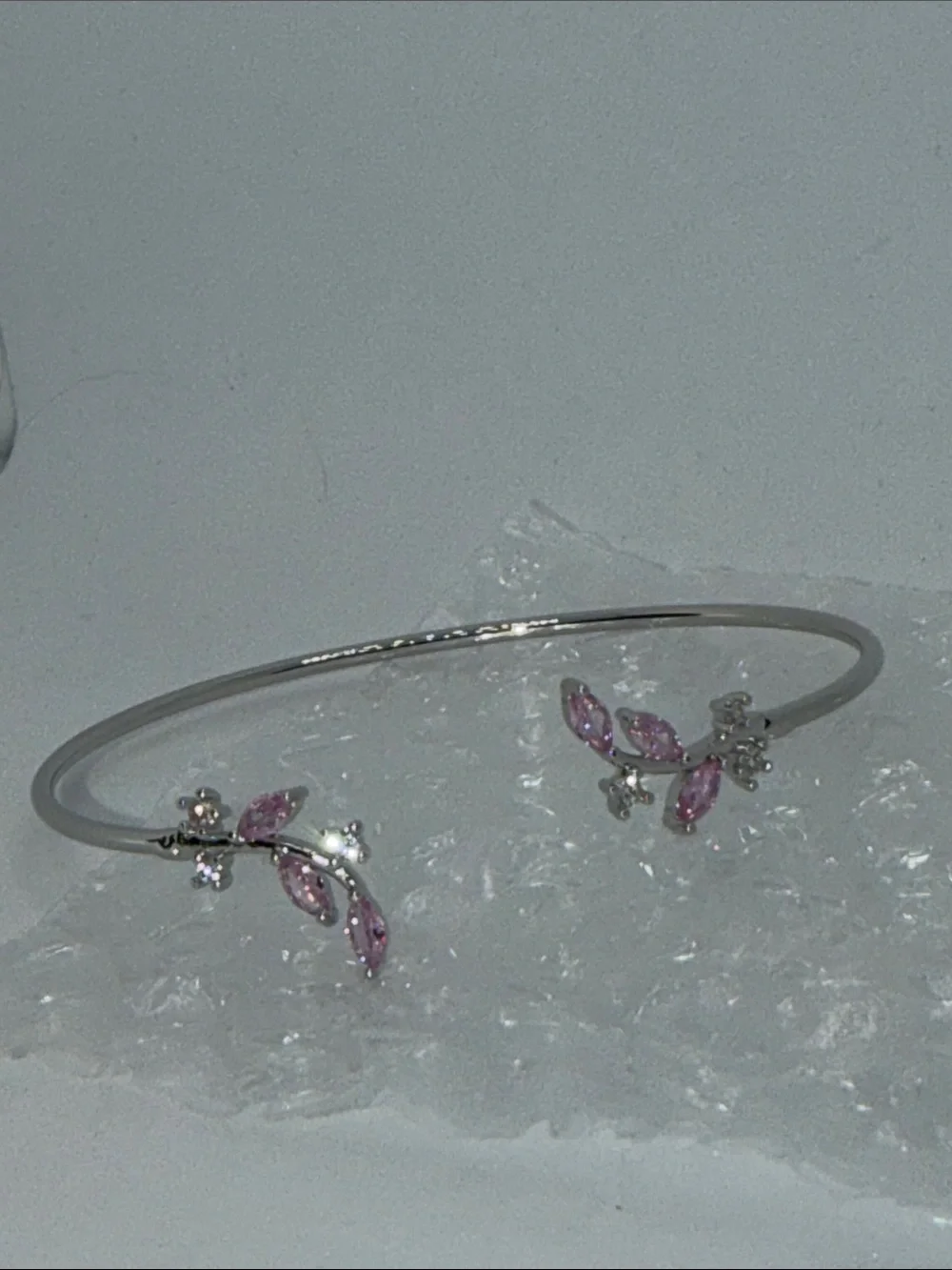 Delicate Pink Leaf Cuff Bracelet - Silver Tone